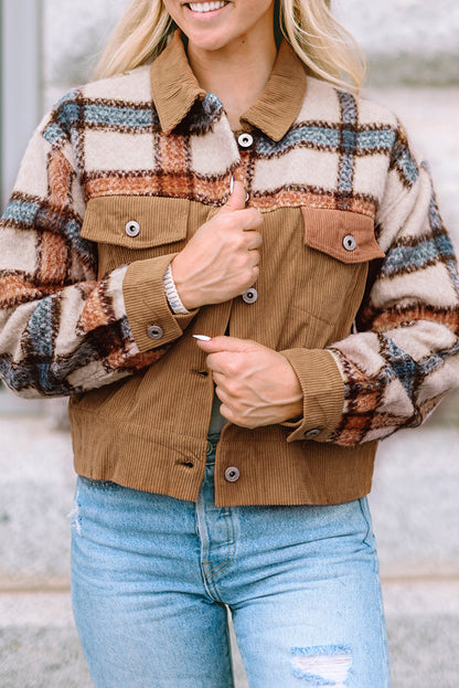 Plaid Corduroy Flap Pockets Boxy Chunky Jacket | Khaki