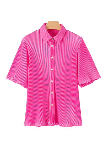 Satin Pleated Short Sleeve Shirt | Bright Pink