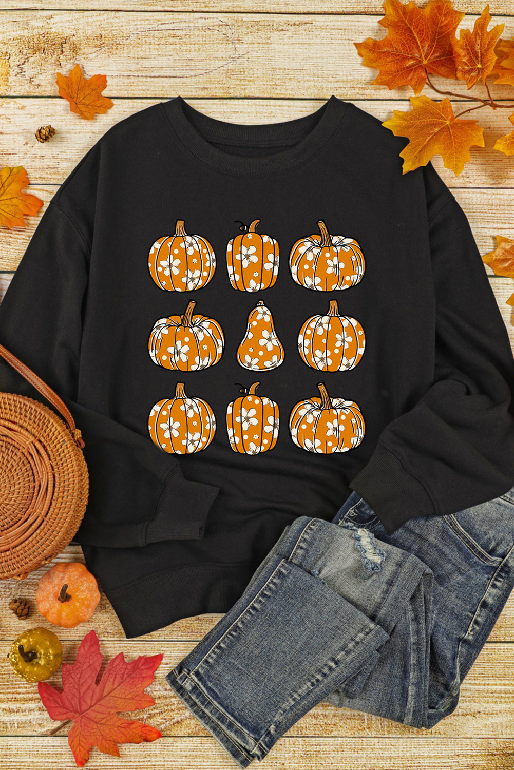 Floral Pumpkin Graphic Round Neck Halloween Sweatshirt | Black