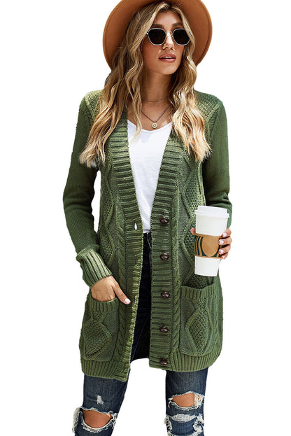 Front Pocket And Buttons Closure Cardigan | Green