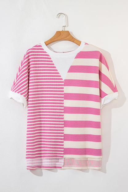 Patchwork Textured Short Sleeve High Low Loose Top | Pink Stripe