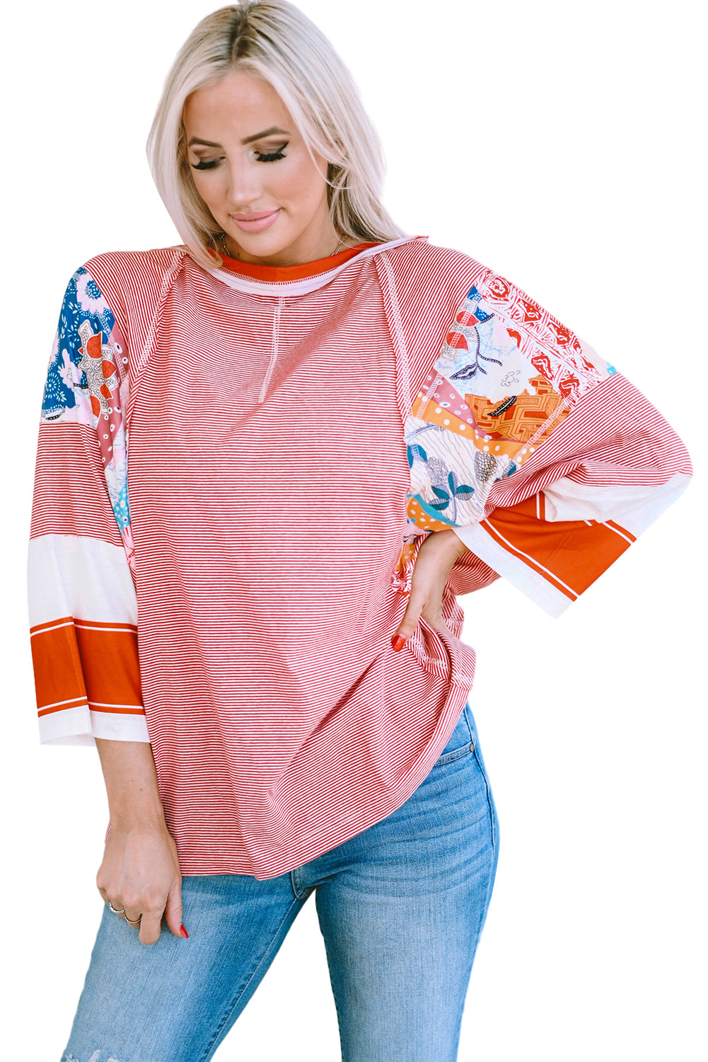 Fiery  Pinstriped Colour Block Patchwork Oversized Top | Red