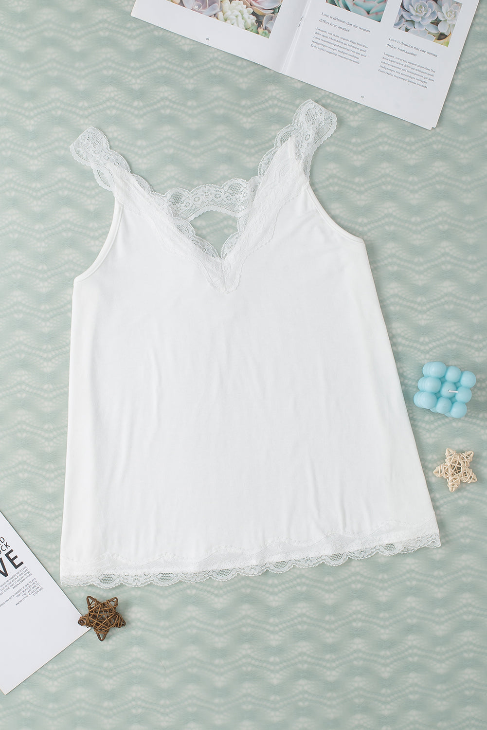 Delicate Lace Trim Flared Tank Top | White