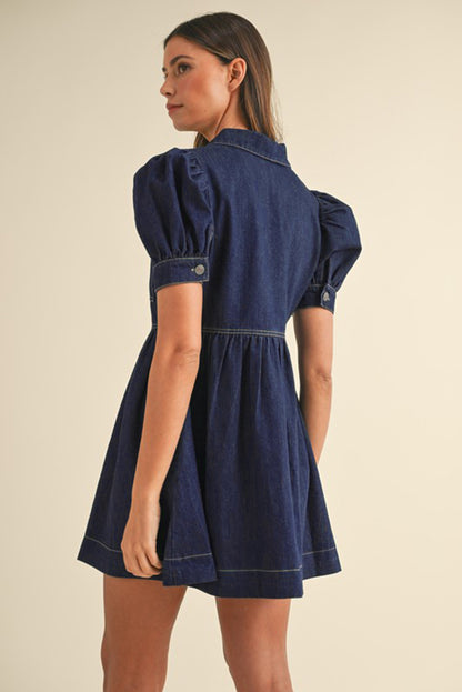 Dirty Blue Zipped Up Bodice Collared Short Puff Sleeve Denim Dress | Dirty blue