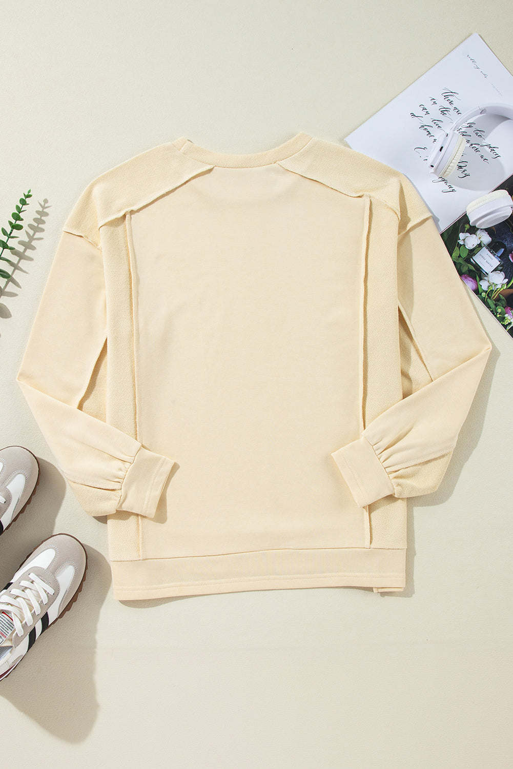 Splicing Round Neck Pullover Sweatshirt | Beige