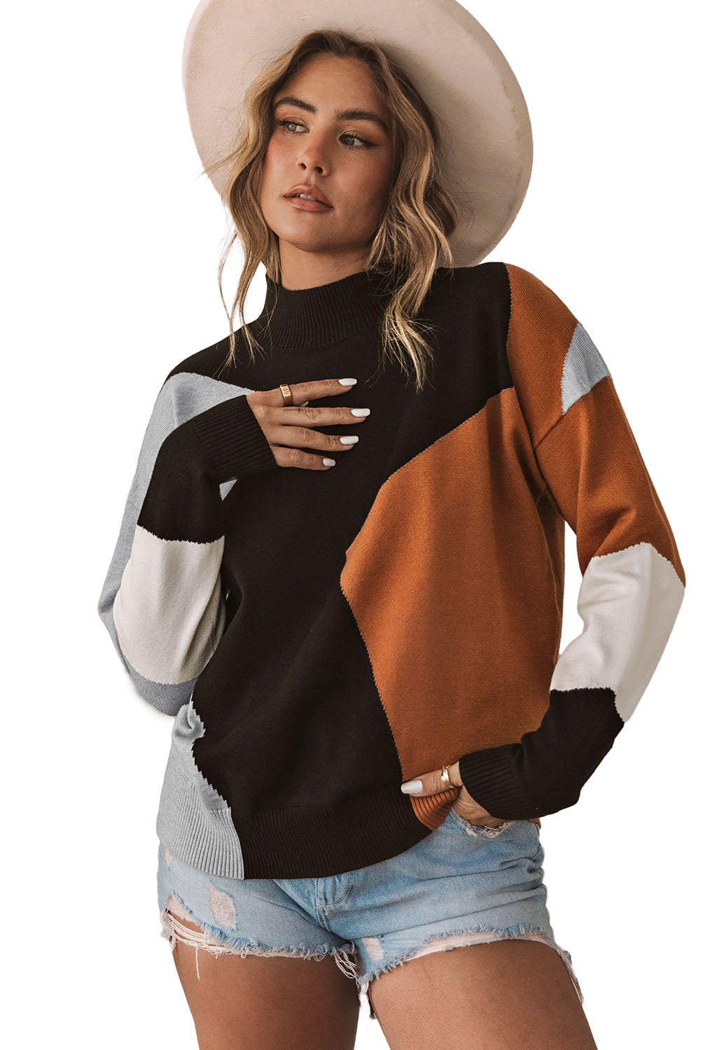 Colour Block Mock Neck Drop Shoulder Knit Sweater | Orange