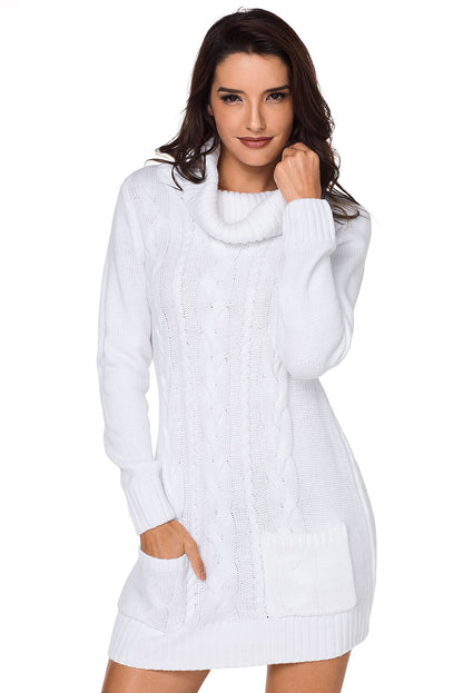 Cowl Neck Cable Knit Sweater Dress | White