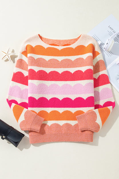 Wave Striped Balloon Sleeve Drop Shoulder Sweater | Rose Red