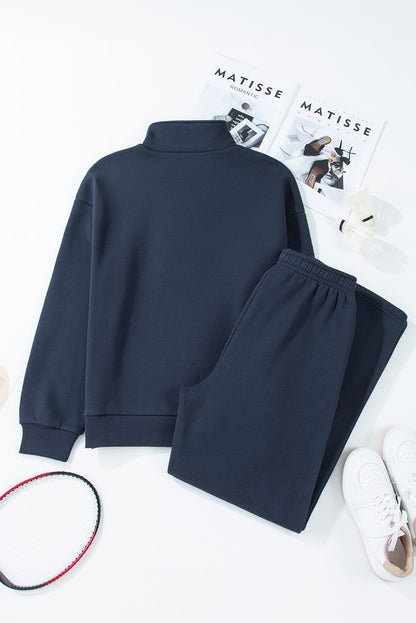 Solid Colour Collared Sweatshirt and High Waist Pants Set | Navy Blue