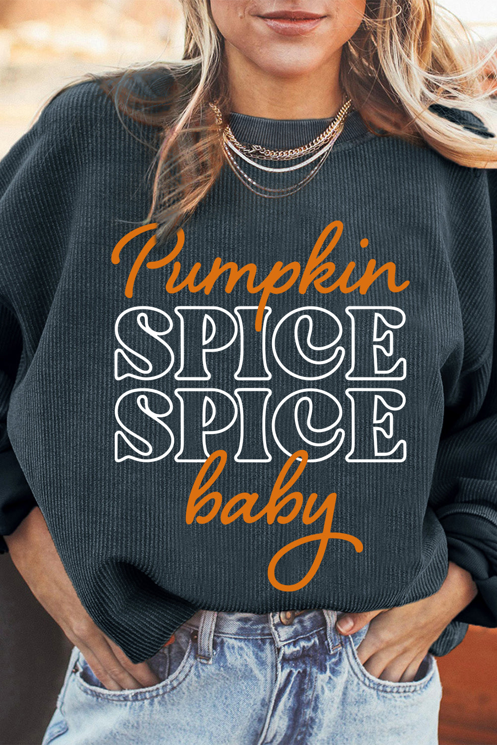 Halloween Pumpkin Spice Baby Graphic Textured Sweatshirt | Dark Grey