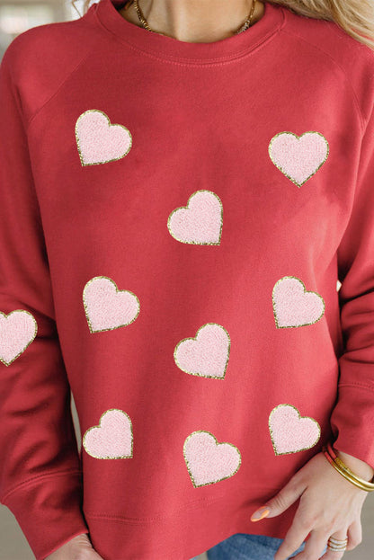 Heart Shaped Glitter Chenille Patched Pullover Sweatshirt | Red