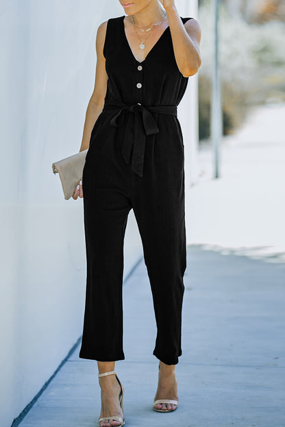 V Neck Button Belted Jumpsuit With Pockets | Black