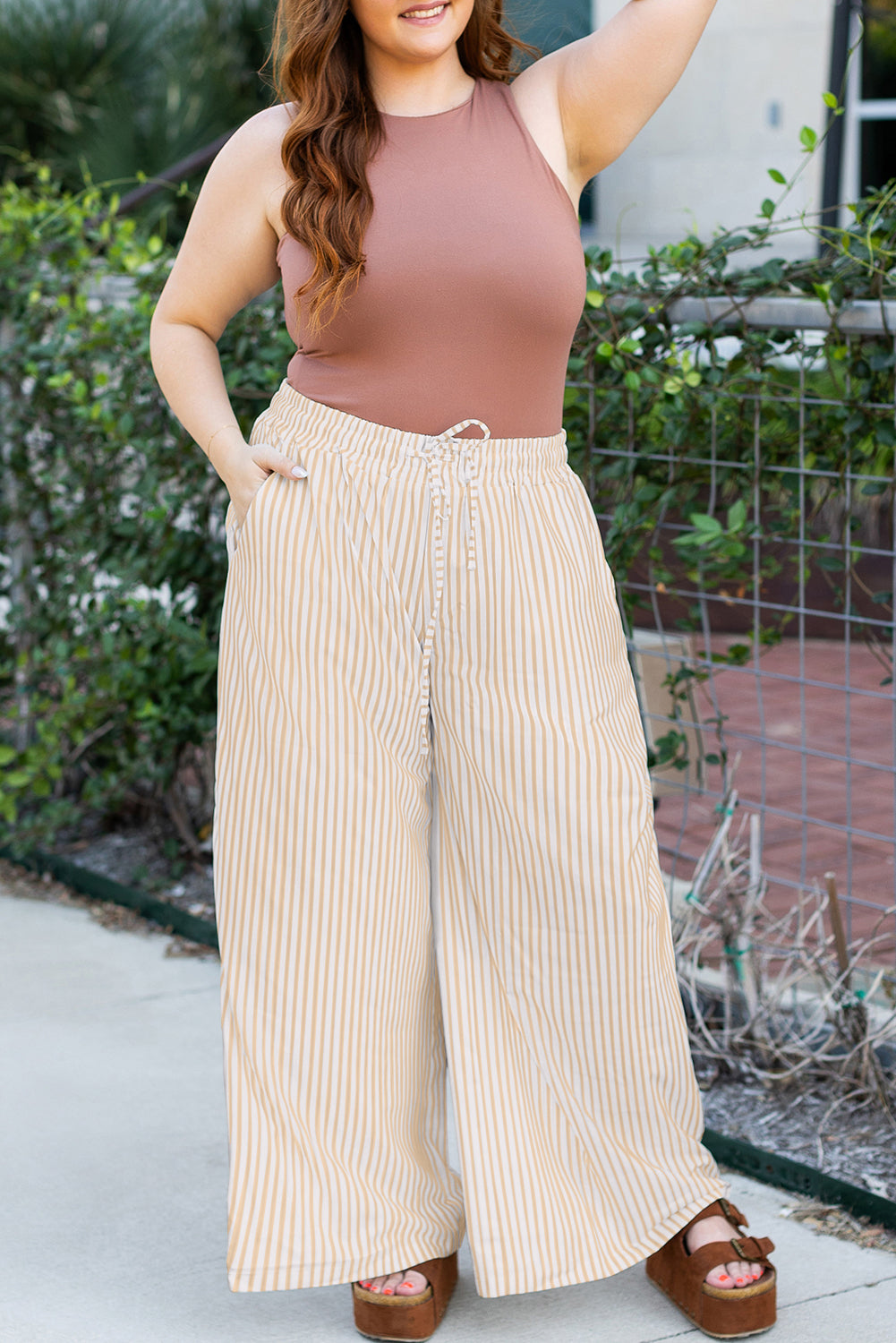 Plus Size Drawstring High Waist Wide Leg Pants | Khaki Stripe