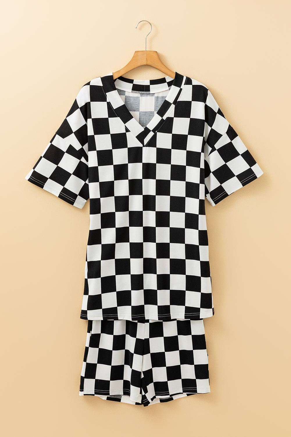 Checkerboard Print V Neck Loose Tee And Shorts Lounge Set | Black