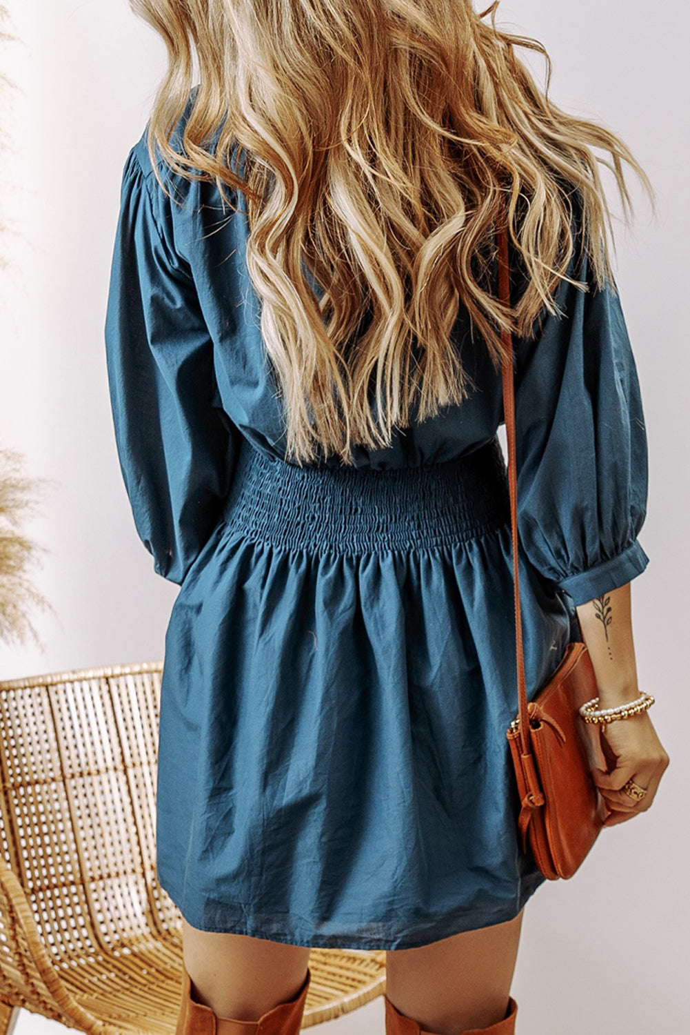 3/4 Sleeve Shirred High Waist Buttoned Mini Dress | Prussian Blue