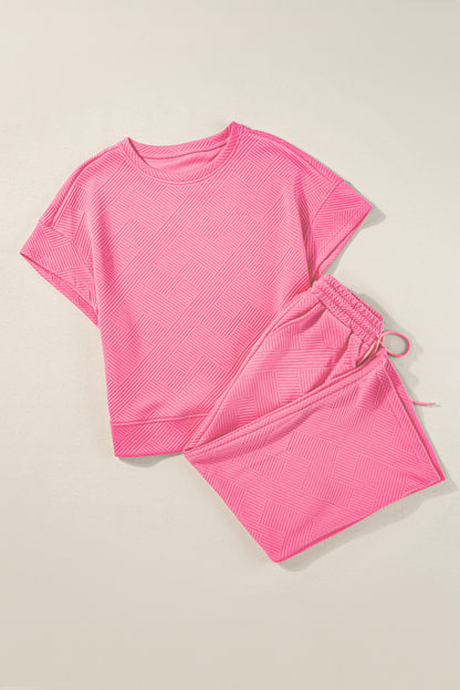 Textured Loose Fit T Shirt And Drawstring Pants Set | Strawberry Pink