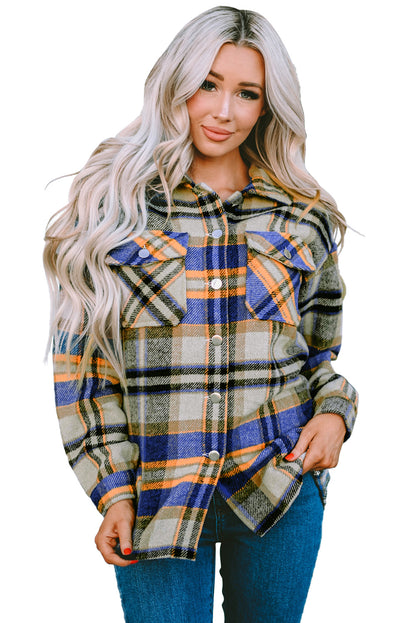 Geometric Plaid Print Pocketed Shacket | Blue