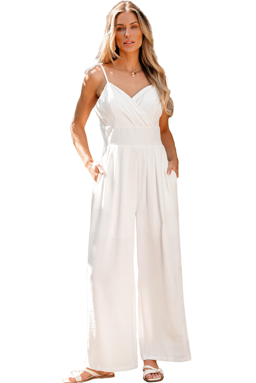 Spaghetti Straps Pleated High Waist Wide Leg Jumpsuit | Beige