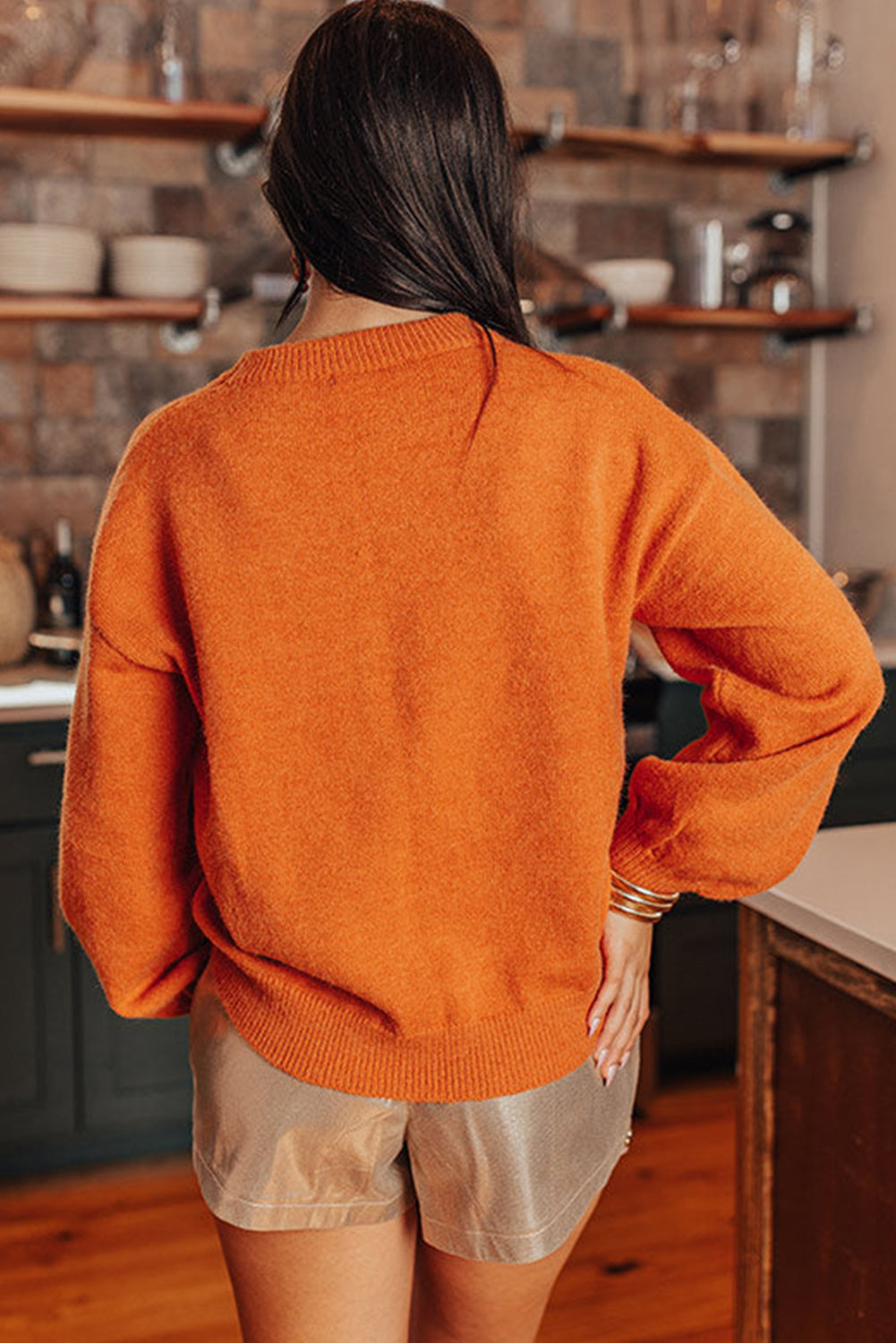 Thanksgiving Tinsel Drop Shoulder Crew Neck Sweater | Russet Orange