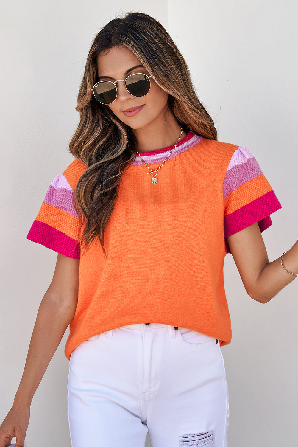 Contrast Flutter Sleeves Knitted Sweater T Shirt | Carrot