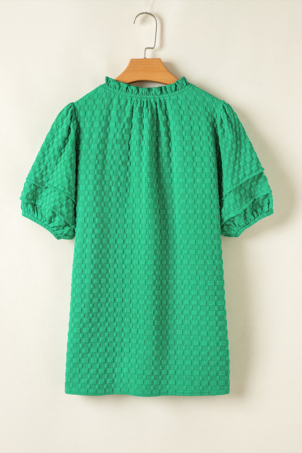 Textured Puff Short Sleeve Notched V Neck Top | Bright Green