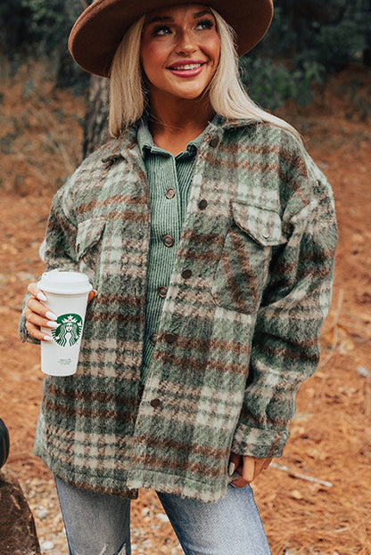 Plaid Print Chest Pockets Turn Down Collar Shacket | Mist Green