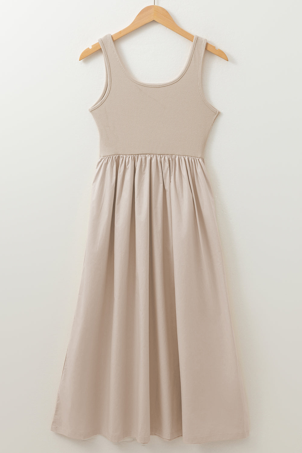 Scoop Neck Ribbed Bodice Pleated Sleeveless Long Dress | Beige