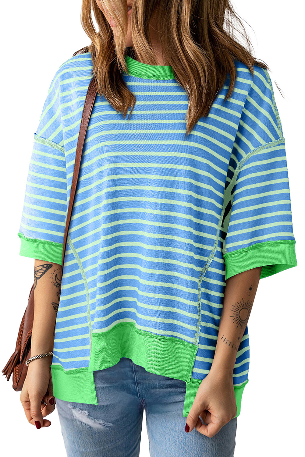 Oversized Contrast Trim Exposed Seam High Low T Shirt | Sky Blue Stripe