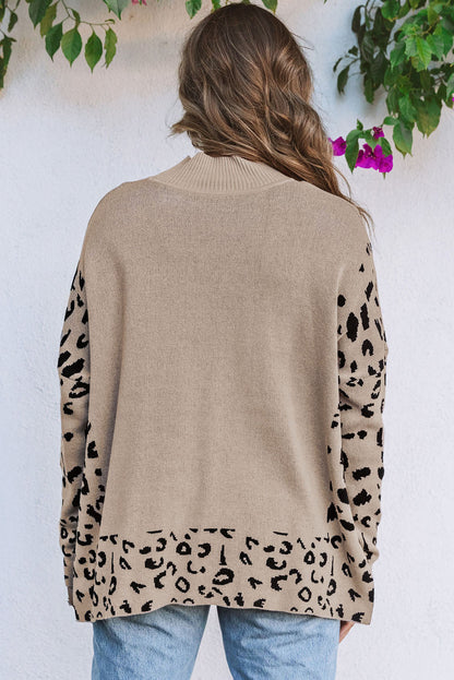 Sequin Turkey Leopard Mixed Pattern High Neck Sweater With Slits | Khaki