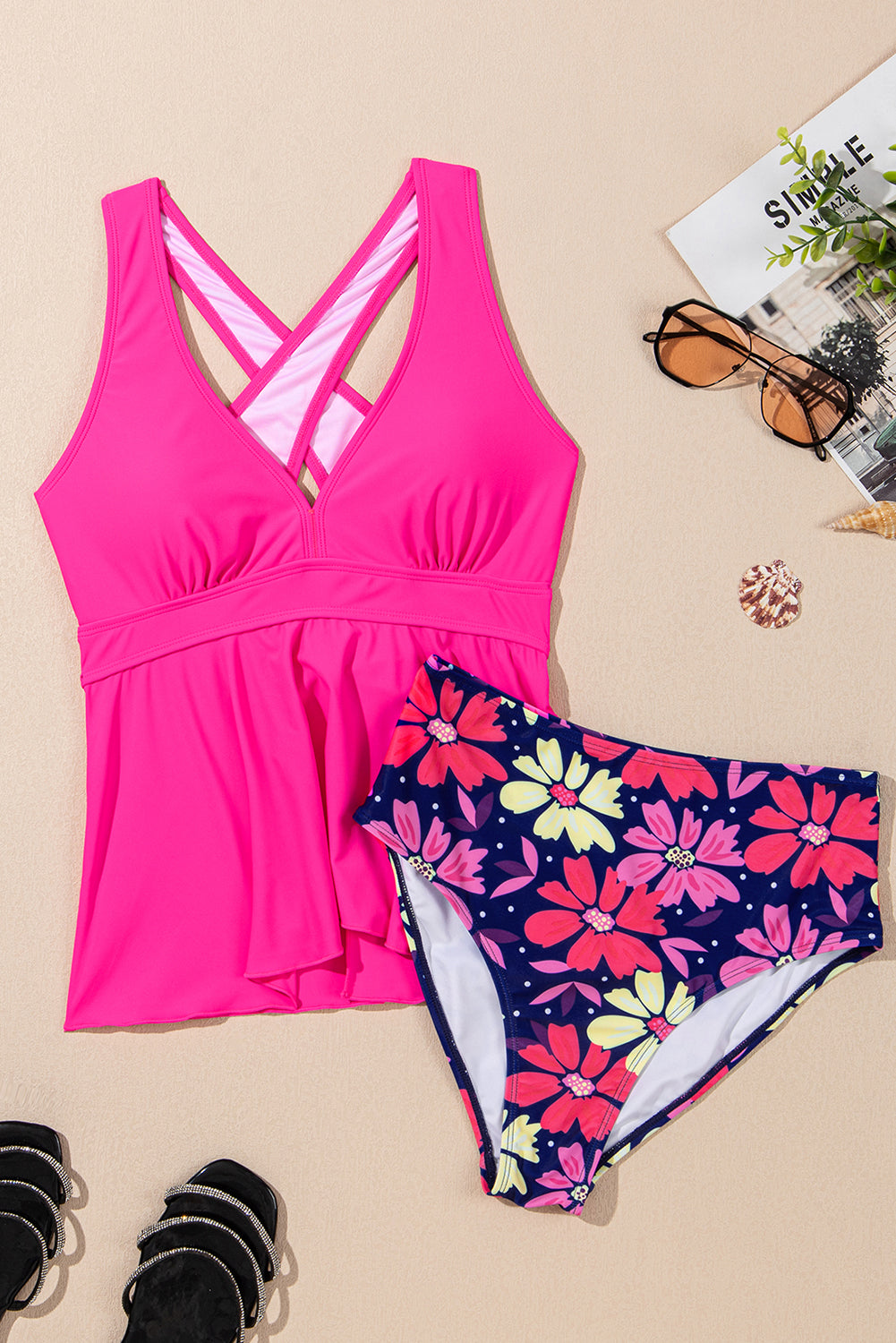 V Neck Ruffled Hem Floral Bottom Tankini Set | Rose