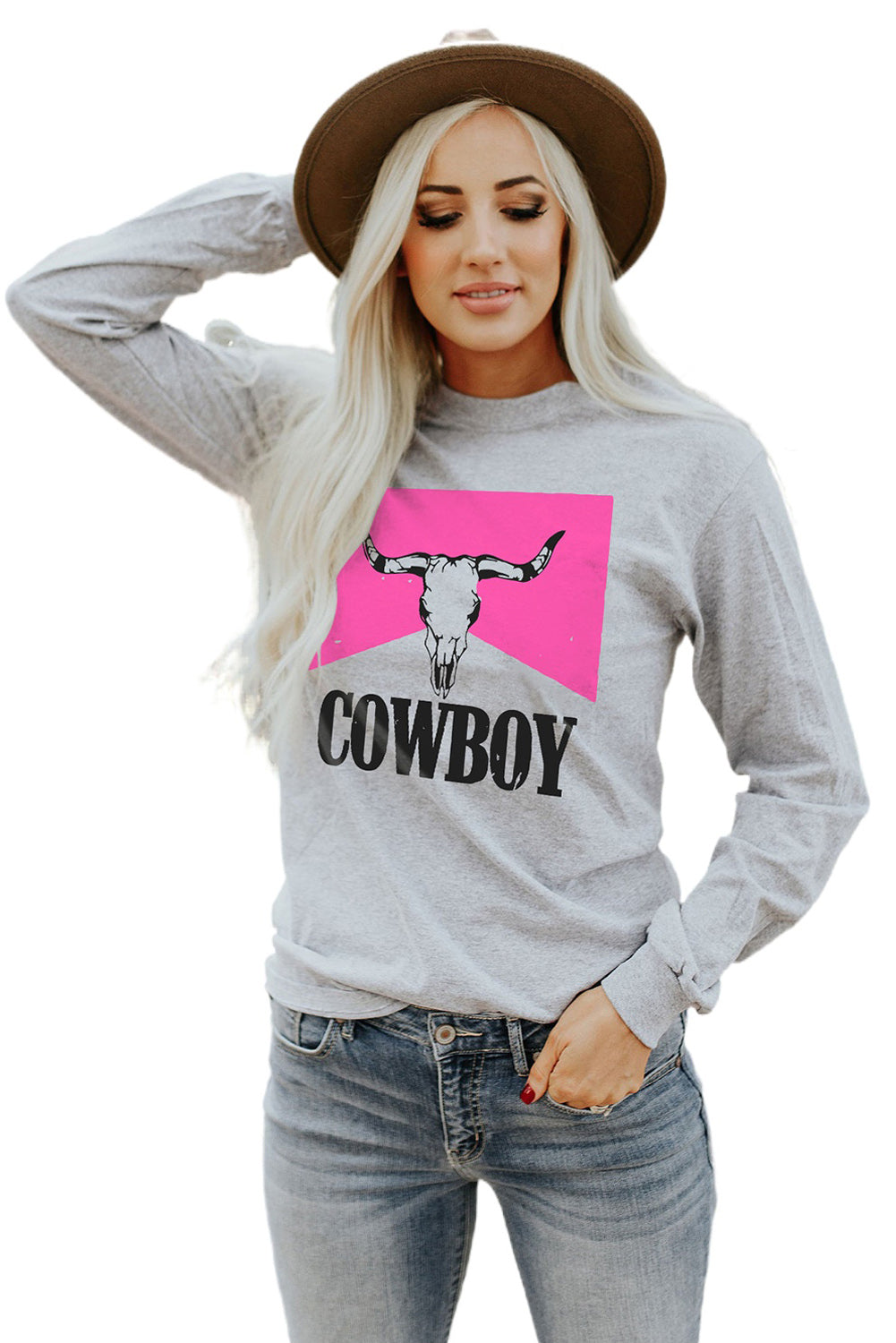 Cowboy Steer Skull Graphic Long Sleeve Top | Gray