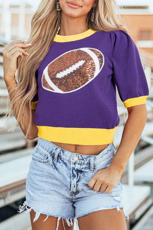 Purple Sequin Rugby Color Block Puff Short Sleeve Sweater