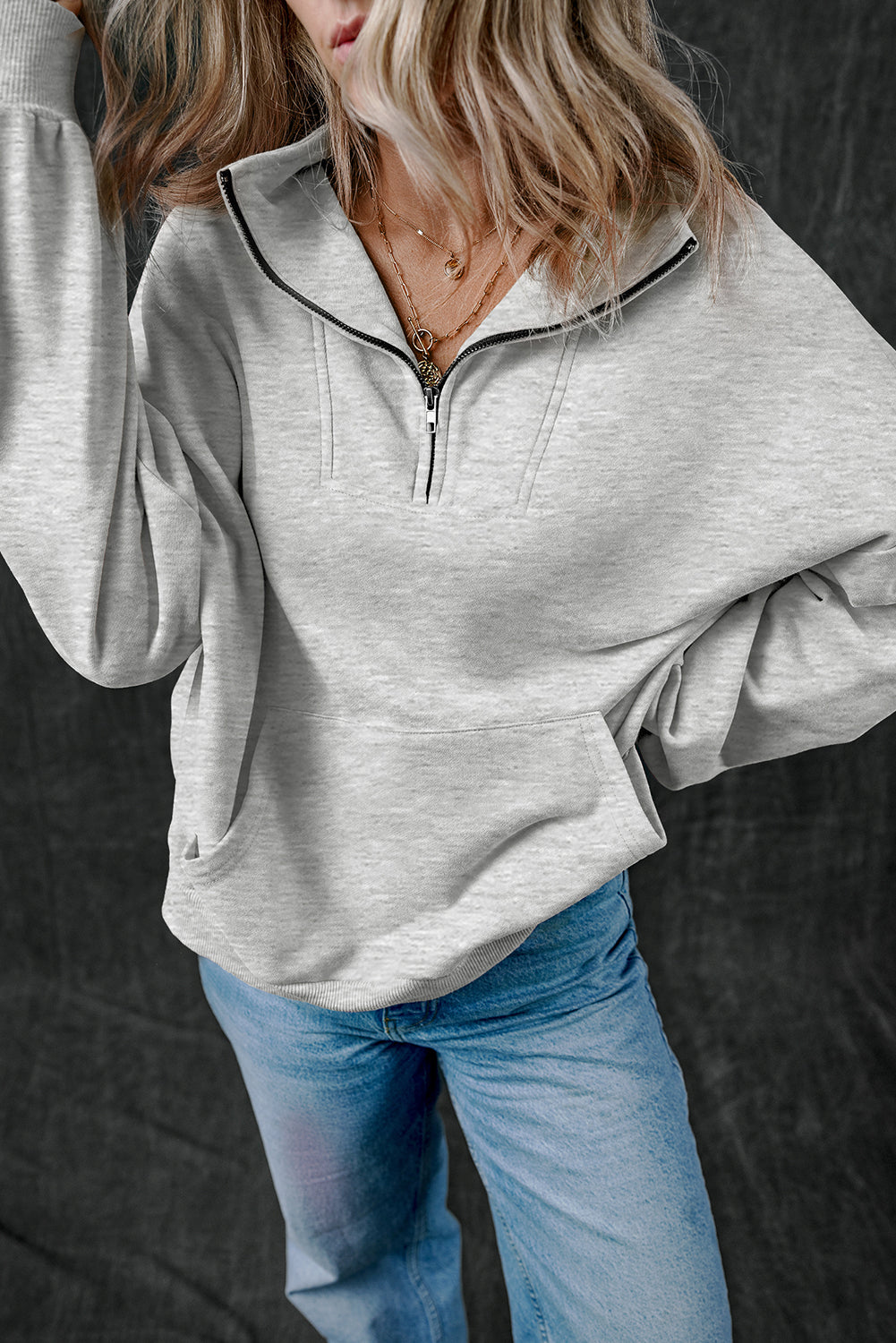 Zip-Up Stand Neck Kangaroo Pocket Sweatshirt | Light Grey