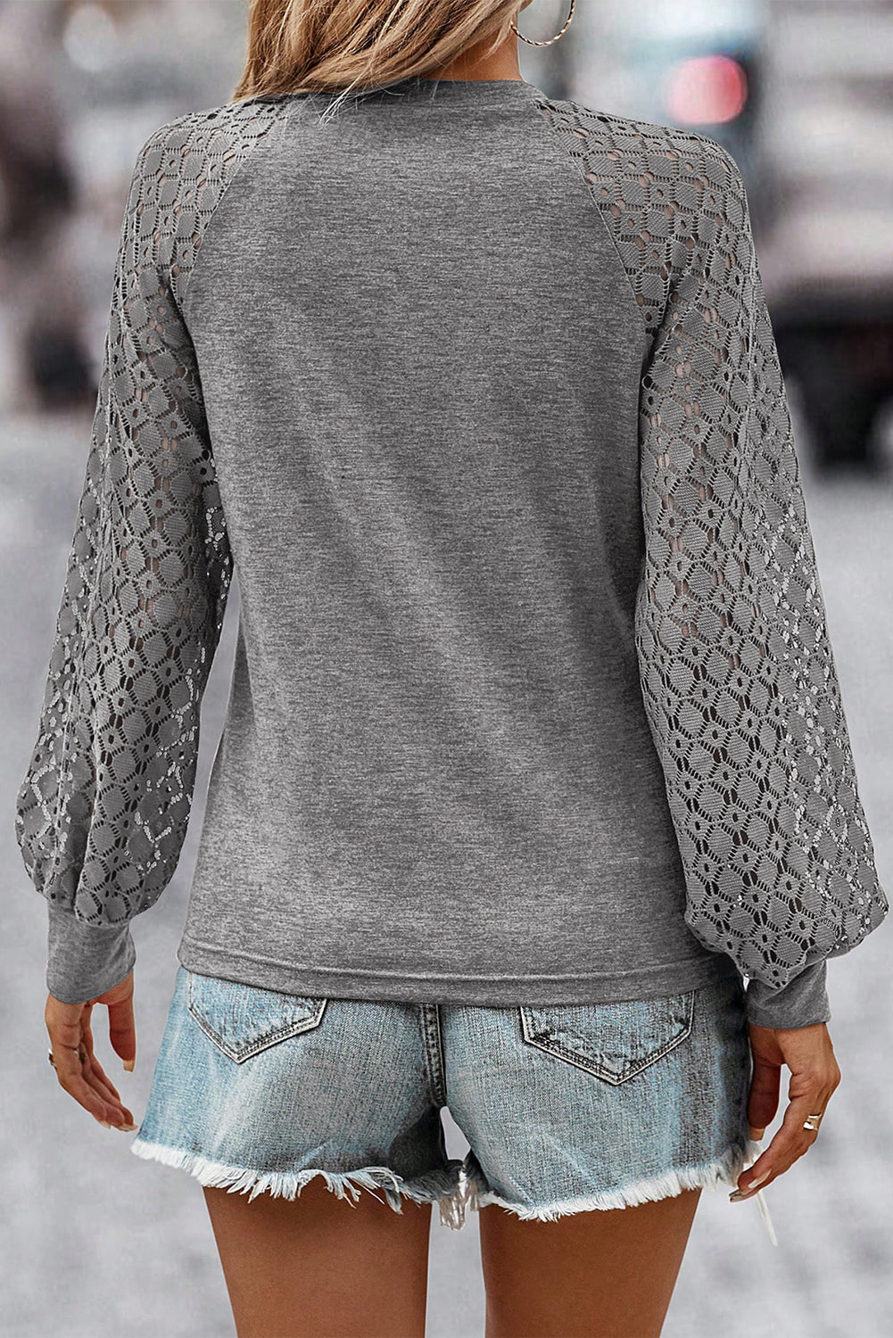 Contrast Lace Raglan Sleeve Plicated Knit Top | Gray