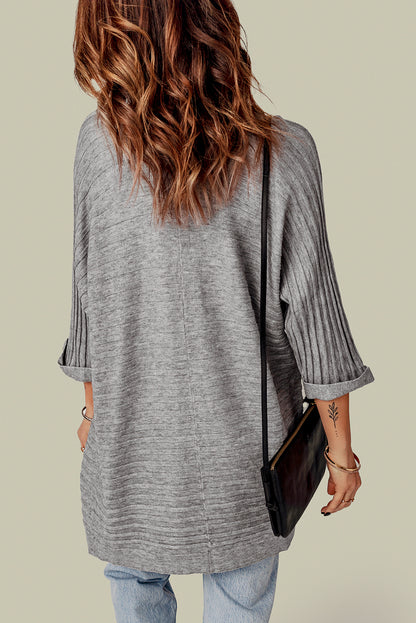 Ribbed Open Front Knit Cardigan | Gray