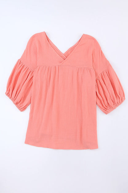 Textured V Neck Bracelet Sleeve Babydoll Blouse | Pink