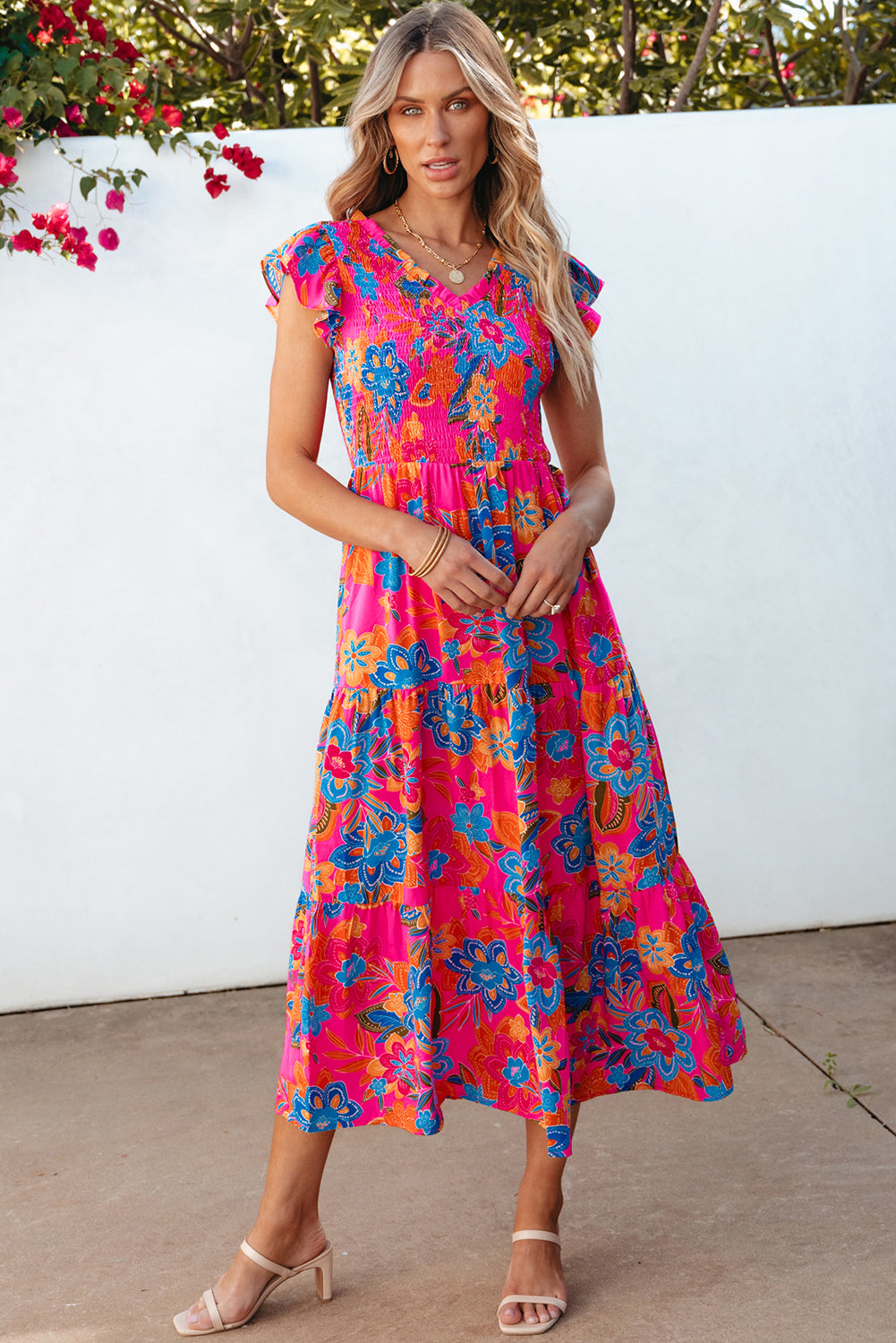 Boho Floral V Neck Ruffle Tiered Long Dress | Rose Red