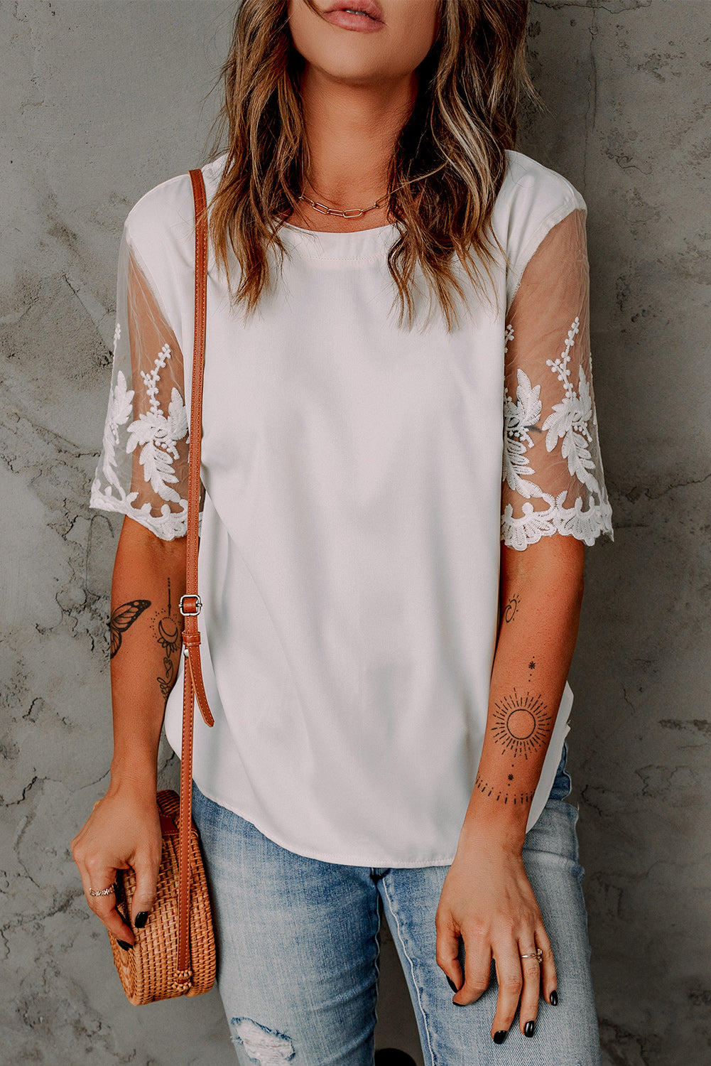 Floral Lace Sleeve Patchwork Top | White