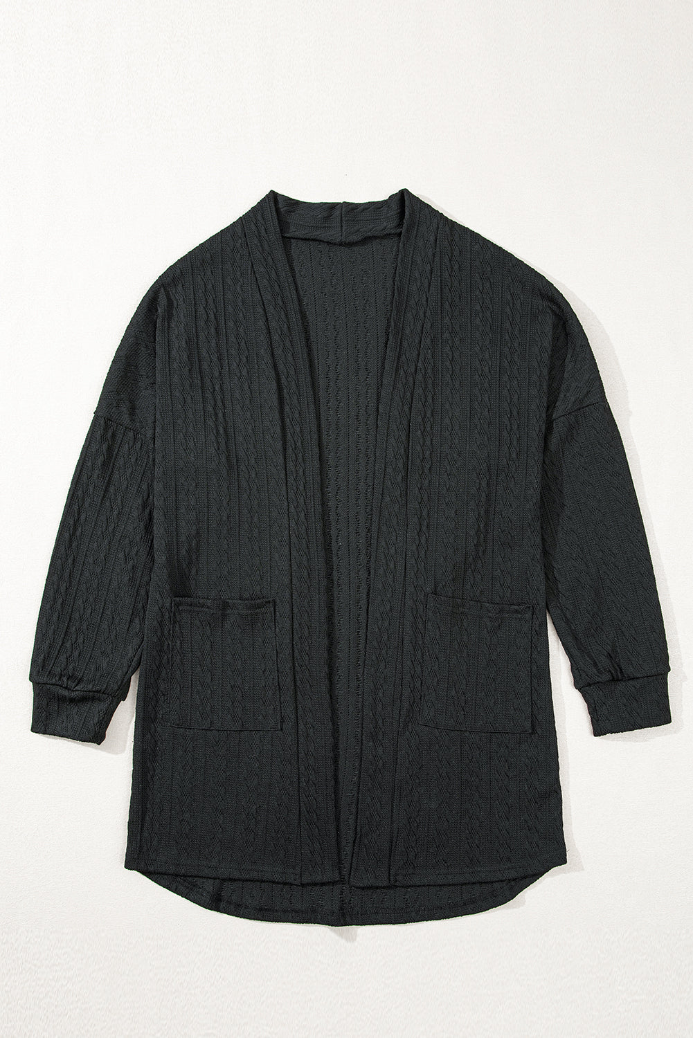 Textured Knit Side Pockets Open Front Cardigan | Black