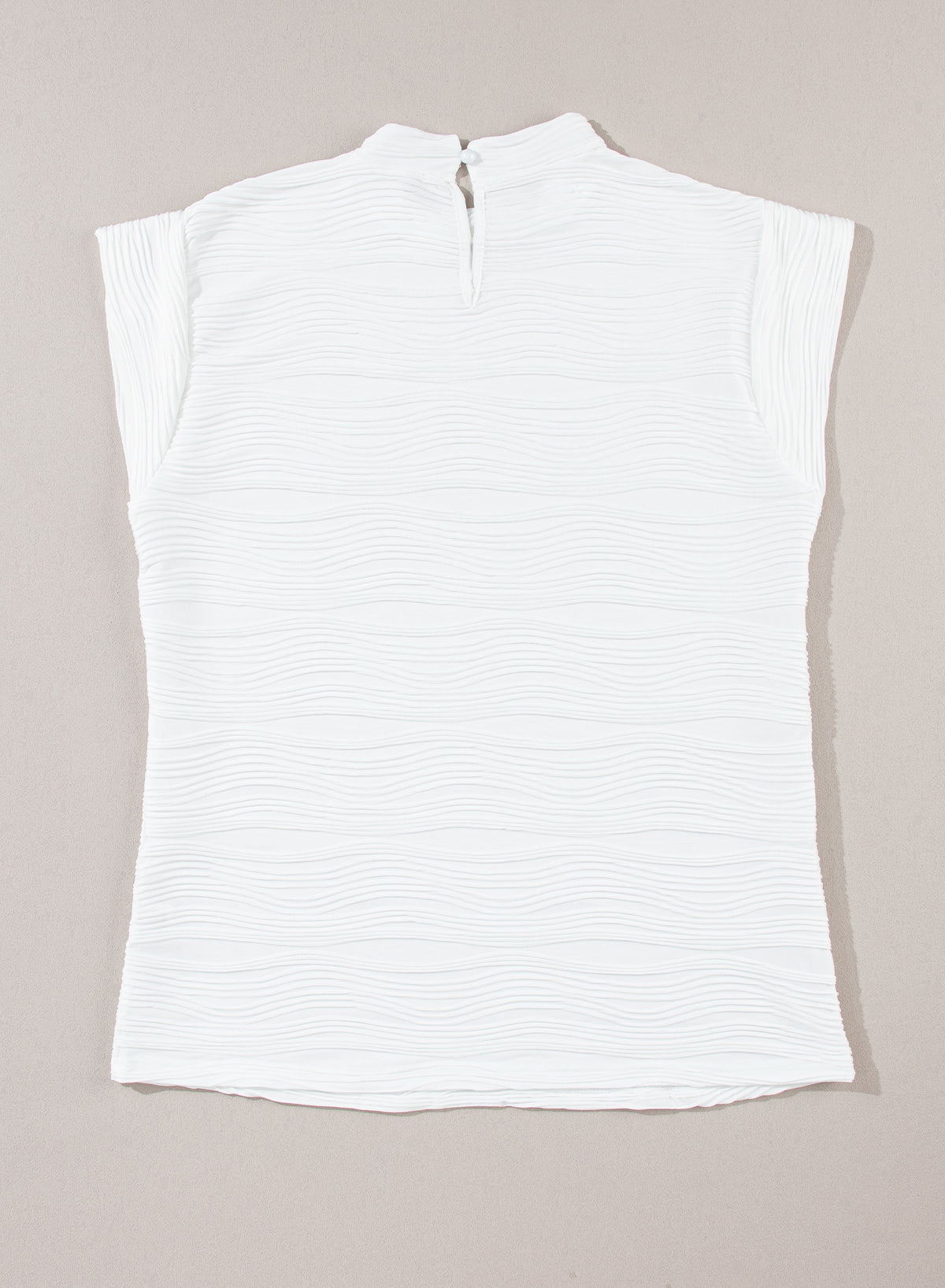 Wavy Textured Mock Neck Cap Sleeve Top | White