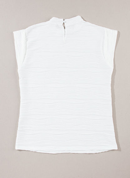 Wavy Textured Mock Neck Cap Sleeve Top | White