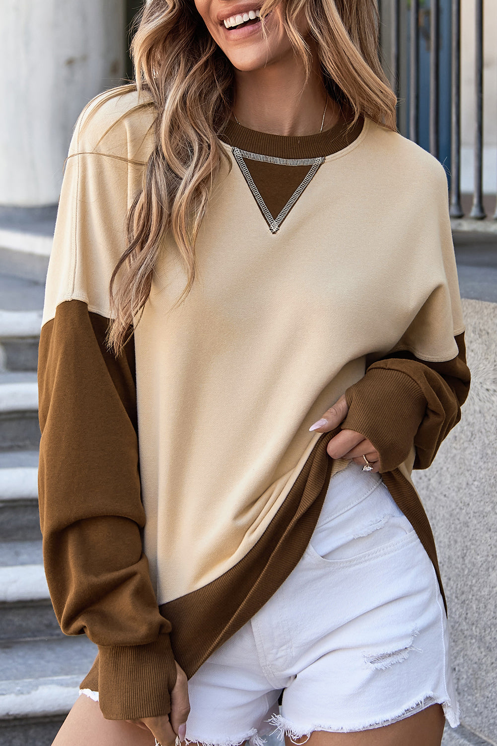 Colour Block Thumbhole Sleeve Drop Shoulder Sweatshirt | Apricot