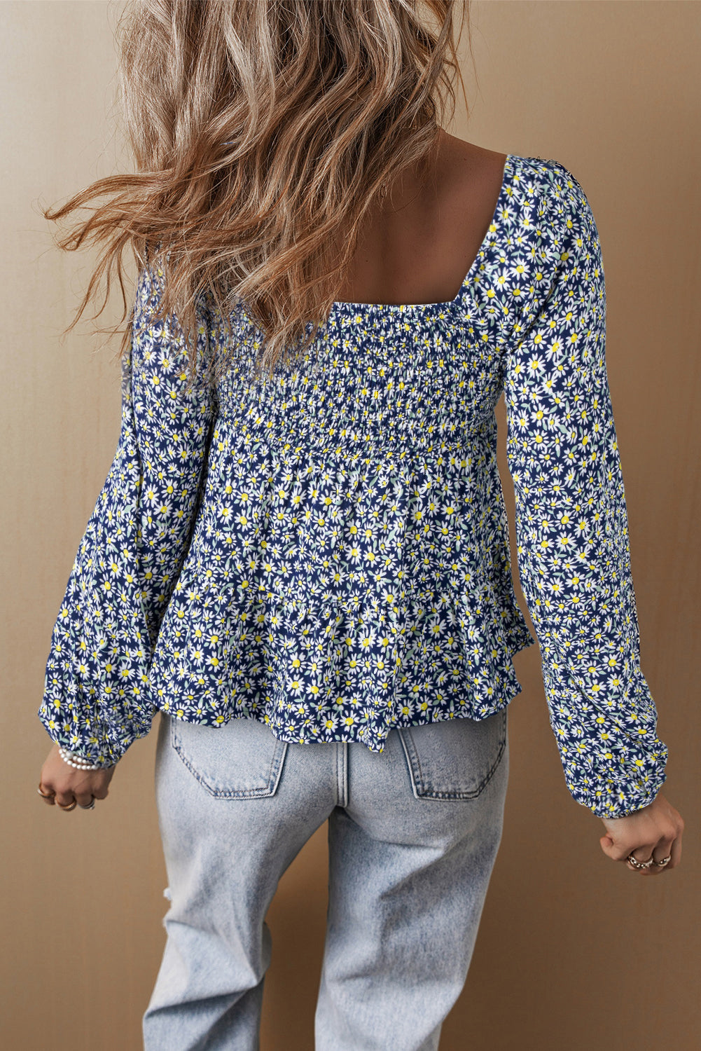 Boho Floral Print Smocked Square Neck Loose Fit Blouse | Blue