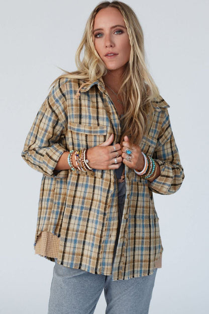 Waffle Knit Patchwork Hooded Plaid Shacket | Ashleigh Blue