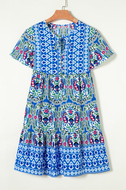 Bohemian Print Tie Neck Ruffle Hem Short Dress | Sky Blue