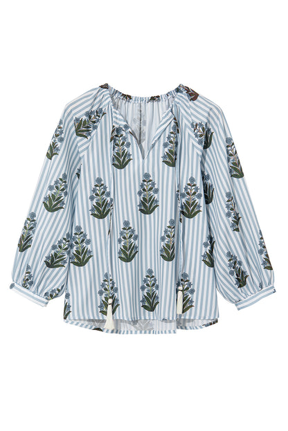 Striped Floral Printed Long Sleeve Tied V Neck Blouse | Beau Blue