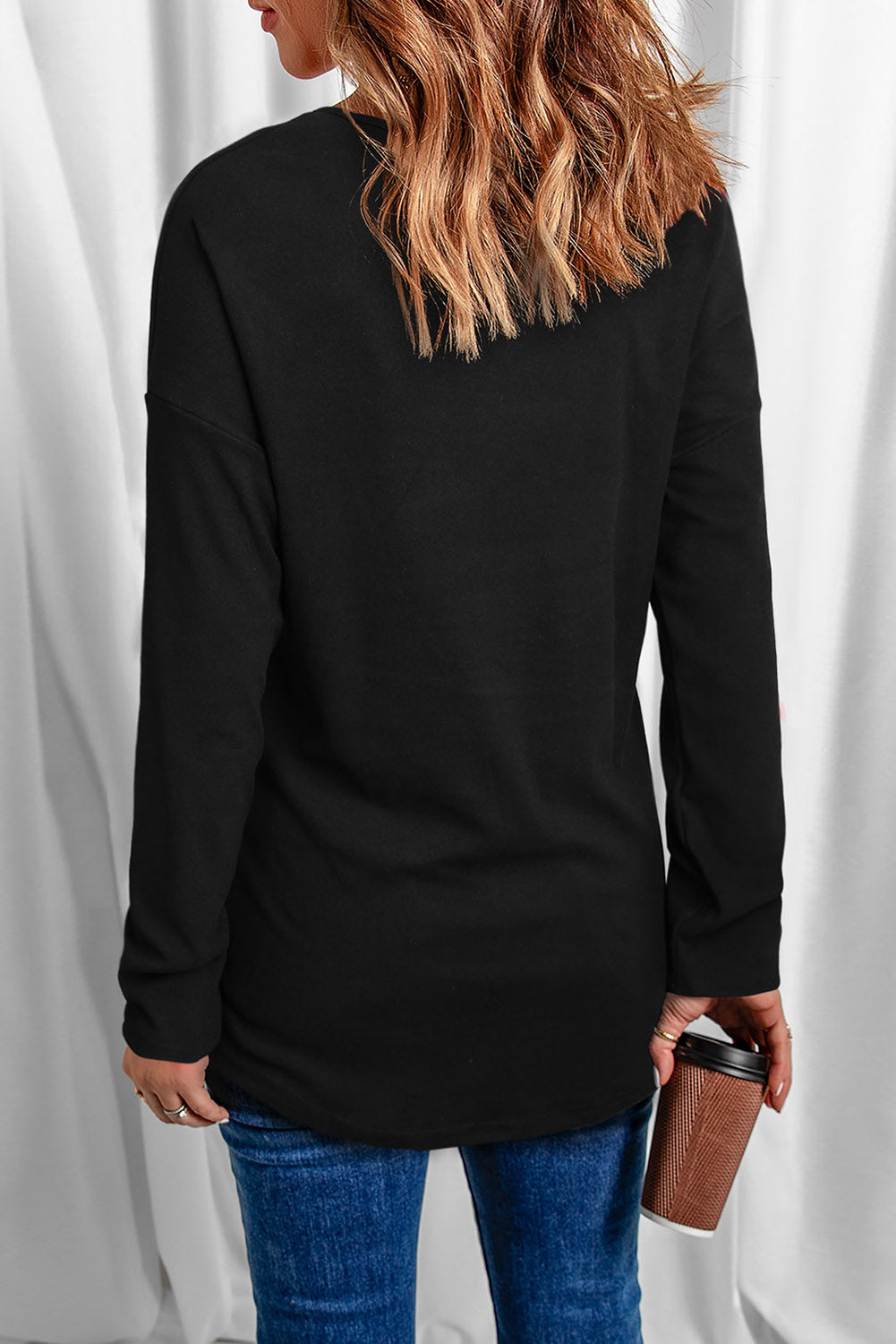 Rhinestone Heart Shaped V Neck Long Sleeve Top | Black