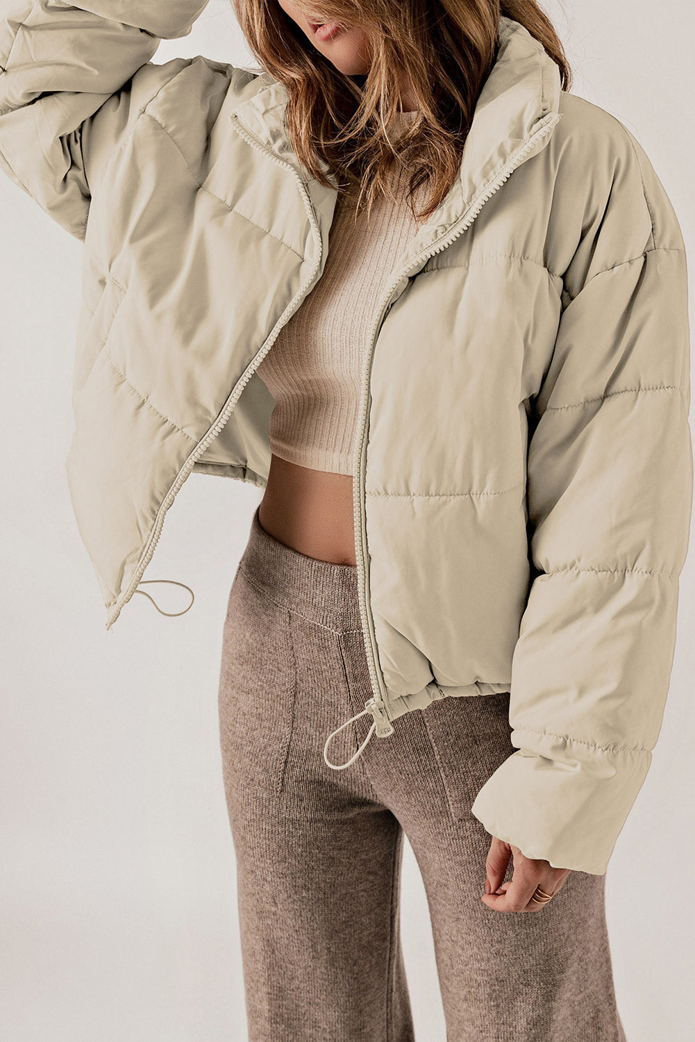 Zip Up Drawstring Hem Puffer Jackets | Apricot