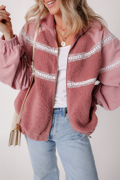 Sherpa Patchwork Lace Elastic Cuff Zip Up Jacket | Rose Pink