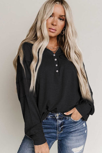 Waffle Patchwork Dolman Sleeve Henley Top | Black